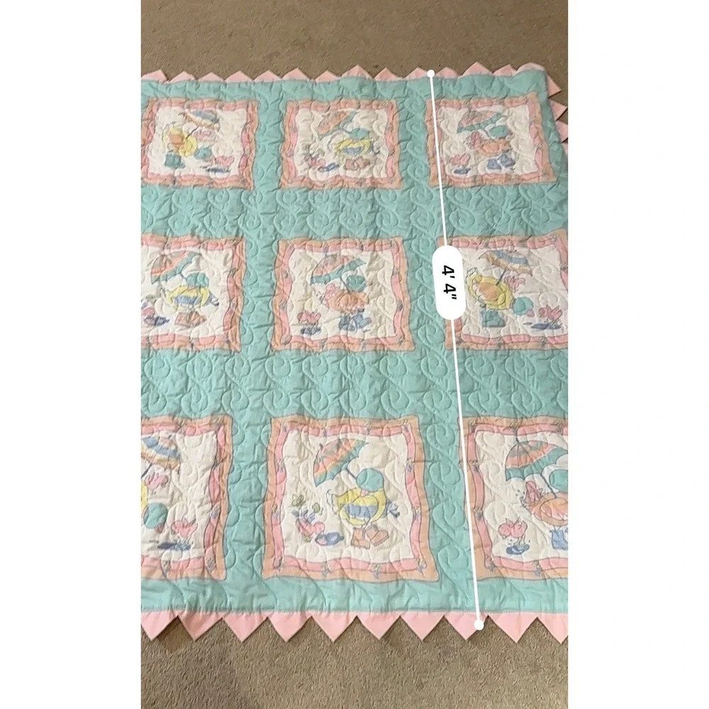 Vintage Pastel Duck Baby Quilt Mint Pink Sawtooth Edge Nursery Blanket 45x52